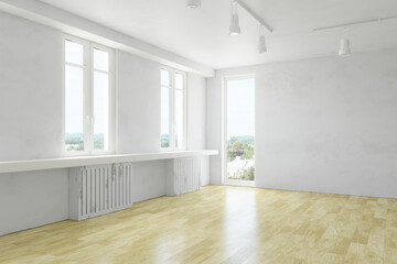 Empty bright room interior with old dirty wall and wooden floor, large living-room, contemporary loft graphic design, 3D Rendering Illustration