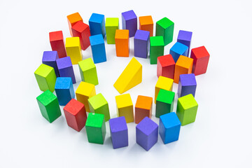 Untidy variety colorful blocks see sleep yellower block at white background