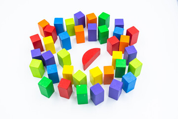 Untidy variety colorful blocks see sleep red block at white background