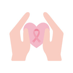 breast cancer ribbon in heart between hands flat style icon vector design