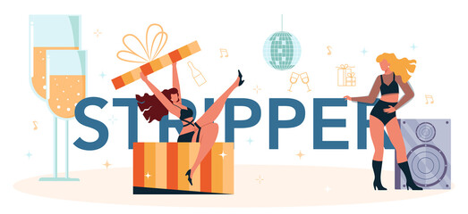 Female stripper typographic header. Pole dancing girl in club,