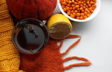orange berries, pumpkin, lemon and cup of tea