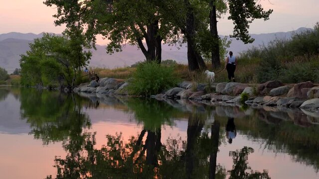 Reflection of sunset over lake surface during wildfires of late August 2020 in Colorado