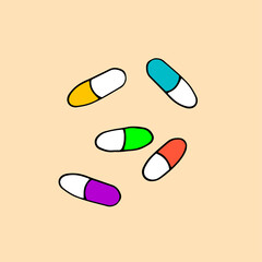 Multi-colored pills. Vitamins. Medicine. Vector hand drawn doodle illustration
