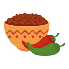 bowl with delicious beans and chili peppers on white background vector illustration design
