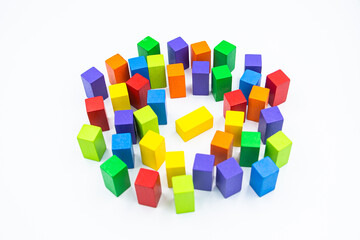 Untidy variety colorful blocks see sleep yellower block at white background