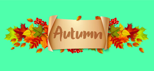 Greetings and gifts for the autumn and autumn season concept. Autumn background, poster and banner template with colorful autumn leaves.
