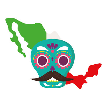 mexico map flag with mexican skull, in white background vector illustration design