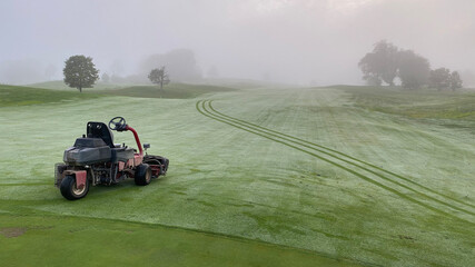 A golf green has been mowed early morning. 