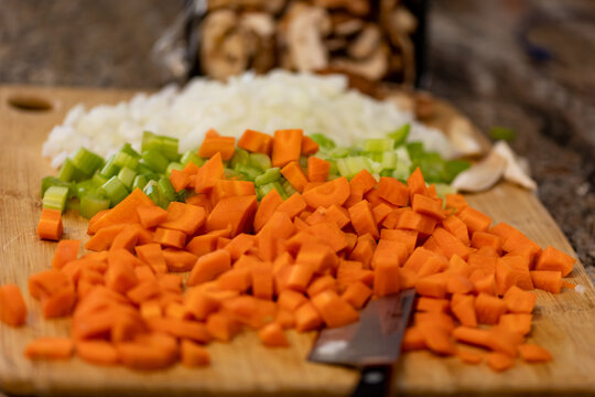 Mirepoix for cooking made with carrots, onions and celery