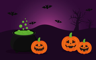 Halloween pumpkins cartoons with witch bowl and bats vector design