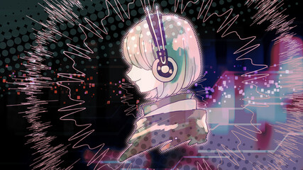ヘッドホンで音楽を聴く女の子のイラスト　音楽鑑賞　娯楽　没入感　スタイリッシュ
