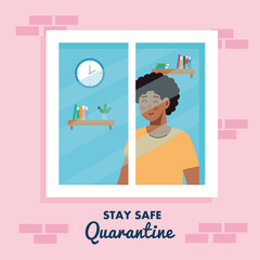 stay home, quarantine or self isolation, house facade with window and man look out of home, stay safe quarantine concept vector illustration design