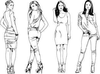 vector drawings on the theme of beautiful slim sporty girl in casual clothes in various poses painted ink hand sketch with no background