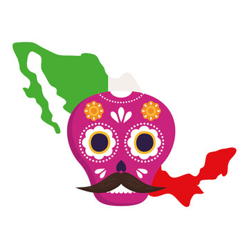 mexico map flag with pink mexican skull, in white background vector illustration design