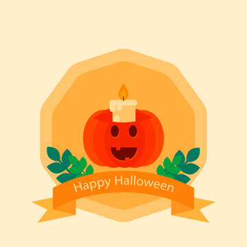 This is a vector illustration of pumpkin and candle on a light background. Flat style. Could be used for flyers, postcards, banners, holidays, etc.