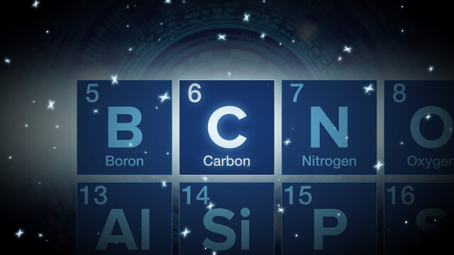 Close up of the Carbon symbol in the periodic table, tech space environment.