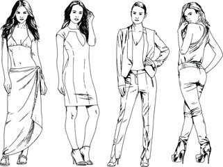 vector drawings on the theme of beautiful slim sporty girl in casual clothes in various poses painted ink hand sketch with no background