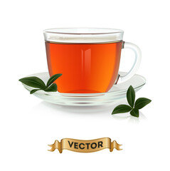 Cups of tea with green leaves on white background
