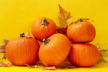 Pumpkins and autumn leaves on yellow background