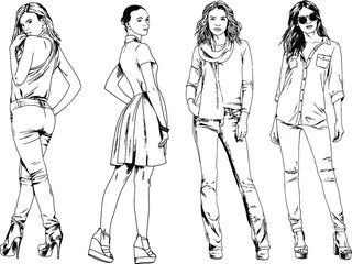 vector drawings on the theme of beautiful slim sporty girl in casual clothes in various poses painted ink hand sketch with no background