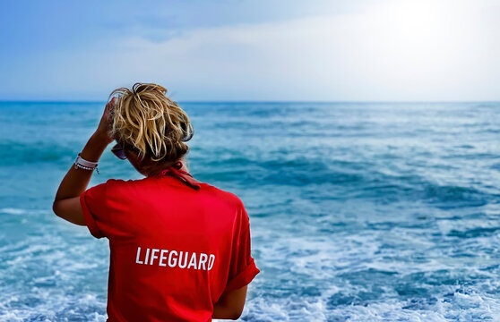 a female lifeguard in a red t-shirt seen from behind while looking out to sea touching her hair on a cloudy day