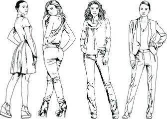 vector drawings on the theme of beautiful slim sporty girl in casual clothes in various poses painted ink hand sketch with no background