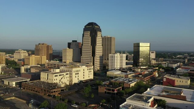 Shreveport, Louisiana Drone Wide Pushing in Shot of Downtown Area