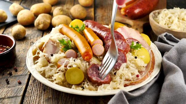 Choucroute- Sauerkraut with potato and meats