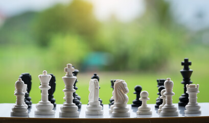 Different white chess pieces with a black chess set. Big and small pieces stand together in a natural background.