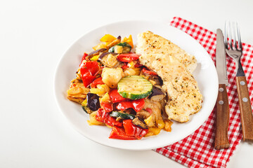 Grilled vegetables and fried chicken breast