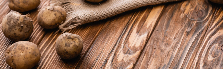 dirty potatoes and burlap on wooden table, panoramic shot
