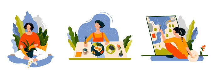 Set of women spend time at home. Women eating food, painting,spending time in a greenhouse.Modern flat vector illustration in trendy style.
