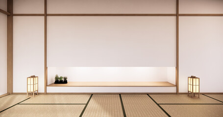 Nihon room design interior with door paper and cabinet shelf wall on tatami mat floor room japanese style. 3D rendering