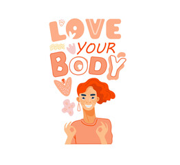 Funny body positive lettering in doodle style, creative concept in modern style.Vector cartoon illustration for designers templates.