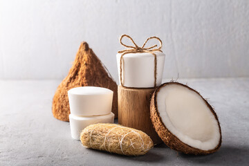 Handmade coconut oil soap white color on grey concrete background.