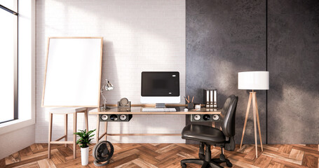 The interior loft style, Computer and office tools on desk in room concrete and white brick wall design. 3D rendering