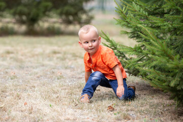 A little boy sits on the grass under a tree. A child hides behind a tree.