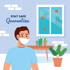 stay home, quarantine or self isolation, man wearing medical mask in the house, stay safe quarantine concept vector illustration design