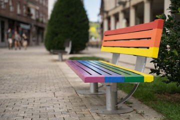 City Bench Painted with the colors of rainbow LGTB gay pride flag