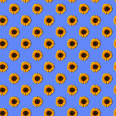 Pattern with orange sunflowers on blue background