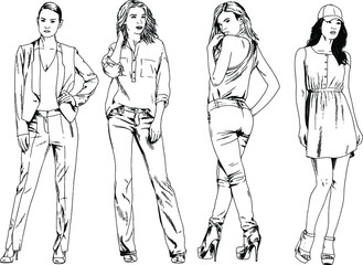 Fototapeta na wymiar vector drawings on the theme of beautiful slim sporty girl in casual clothes in various poses painted ink hand sketch with no background