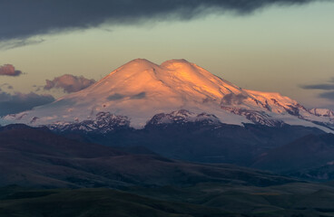 Fototapeta premium Beautiful view of Mount Elbrus at sunrise, North Caucasus mountains, Russia