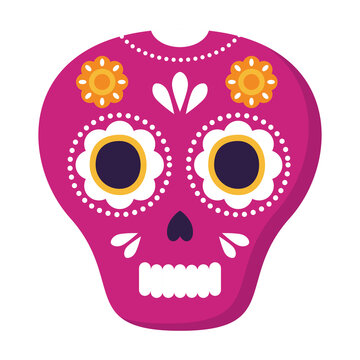 Pink Mexican Skull With Flowers Decoration, On White Background Vector Illustration Design