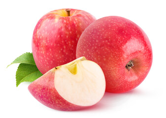 Naklejka na ściany i meble Isolated fruits. Two whole pink apples and a slice isolated on white background