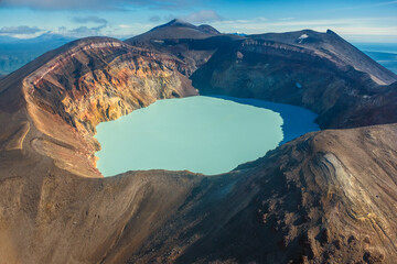 Maly Semyachik volcano crater pool on the Kamchatka Peninsula, Russia. Large acid lake.
