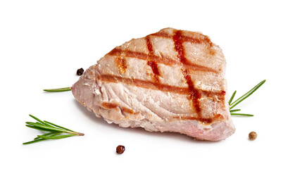 Grilled tuna steak with rosemary and spices isolated on white