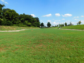 今城塚古墳の墳丘と内濠跡(大阪府高槻市で8月撮影)