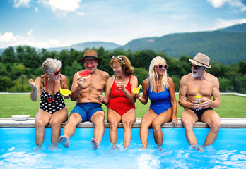 Group of cheerful seniors sitting by swimming pool outdoors in backyard.