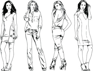 beautiful slim girl in casual clothes, drawn in ink by hand on a white background